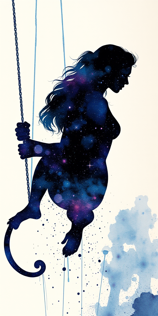 Captivating conceptual render alcohol ink art, double exposure, the paint strokes artfully merge combining a woman's full silhouette with a Swinging monkey's silhouette. The figures are composed of a series of colored dots, lines & spots that evoke the image of a cosmic galaxy, colors are deep shades of blue purple & black with flashes of white & silver representing distant stars. The woman's silhouette is formed within the lion's silhouette from constellations of scattered stars, surreal