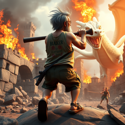 Cartoon 3D High-Resolution,dynamic battle scene using Unreal Engine 5 and Octane Render. The scene features back of an elderly, thai man with a beard,messy hair and round golden-rimmed glasses. He is wearing a tattered tank top with soot marks, shorts, and sandals. sweating. he wields a baseball bat. He jump to fight with a white fire-breathing Europe dragon amidst a partially destroyed stone castle. Include intense flames, smoke, and debris to enhance the dramatic effect.