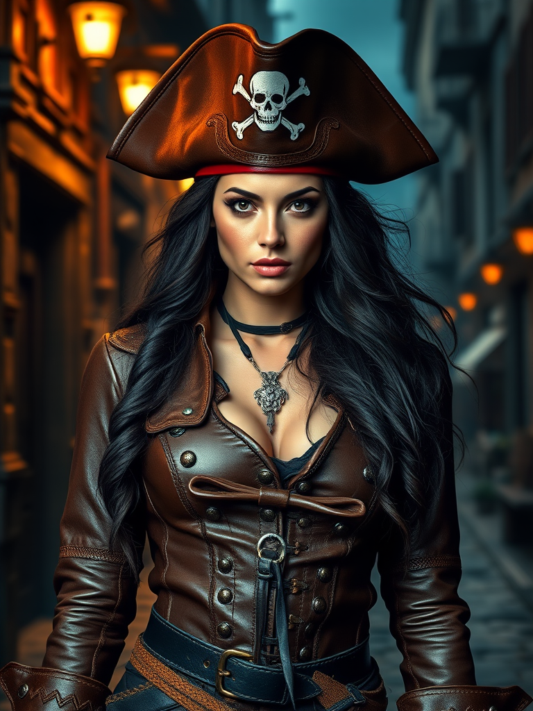 Create a portrait of a fierce female pirate. She wears a leather tricorn hat adorned with a skull and crossbones emblem, and her long, dark hair flows around her face. Her outfit consists of a richly detailed leather jacket, a corset, and multiple layers of belts and accessories, giving her a formidable and stylish appearance. She stands confidently in a dimly lit, historic port town, with a backdrop of weathered buildings and cobblestone streets, capturing the adventurous spirit of a pirate.