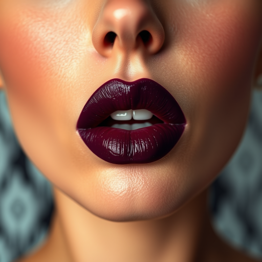 Sultry woman lips painted in deep plum matte lipstick with glossy center, full face portrait exuding sensual allure and magnetic presence