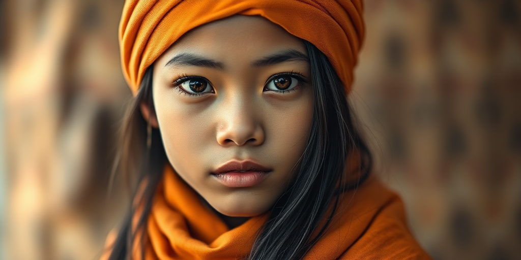 Create a portrait of a young Pacific Islander female with long, dark hair and captivating hazel eyes. She is wearing a orange headscarf and a matching scarf draped gracefully around her neck. The background is softly blurred, focusing attention on her serene and natural expression. The overall color palette is muted and warm, enhancing the intimate and authentic feel of the portrait.