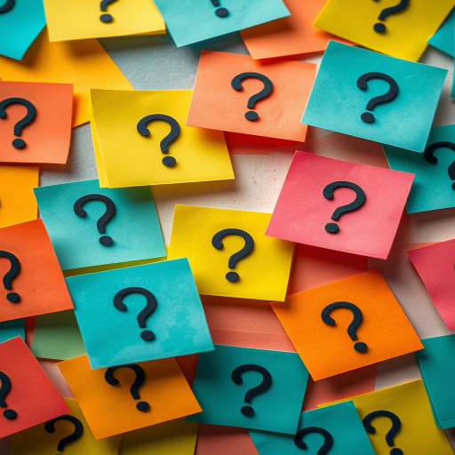 Create an abstract composition of colorful sticky notes in various sizes featuring question marks, emphasize depth with a slight shadow effect, use a 50mm lens at f/2.8 for a shallow depth of field, shot from a bird's-eye view with a soft focus background, using a DSLR camera with high-resolution settings.