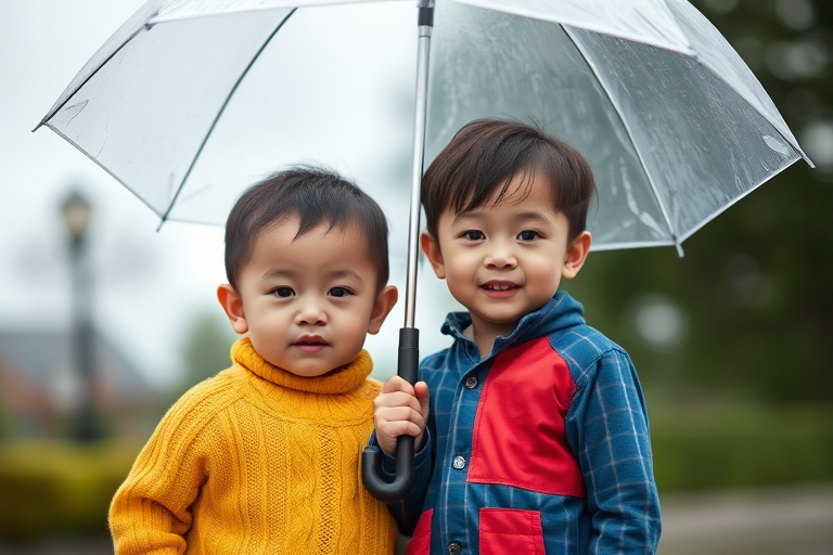 Generate an image of two children standing under a clear umbrella, one wearing a yellow sweater and the other in a blue and red outfit, against a blurred outdoor background, using a DSLR camera with a 50mm lens, aperture set to f/2.8, ISO 100, and a shallow depth of field for enhanced detail and softness in the background.