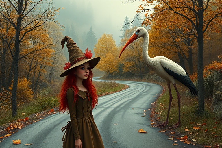 digital art fantasy depicting a strange girl with red hair, long eyelashes, brown lipstick and a tall hat walking along a winding road on an autumn afternoon, an Stork smiles as she passes