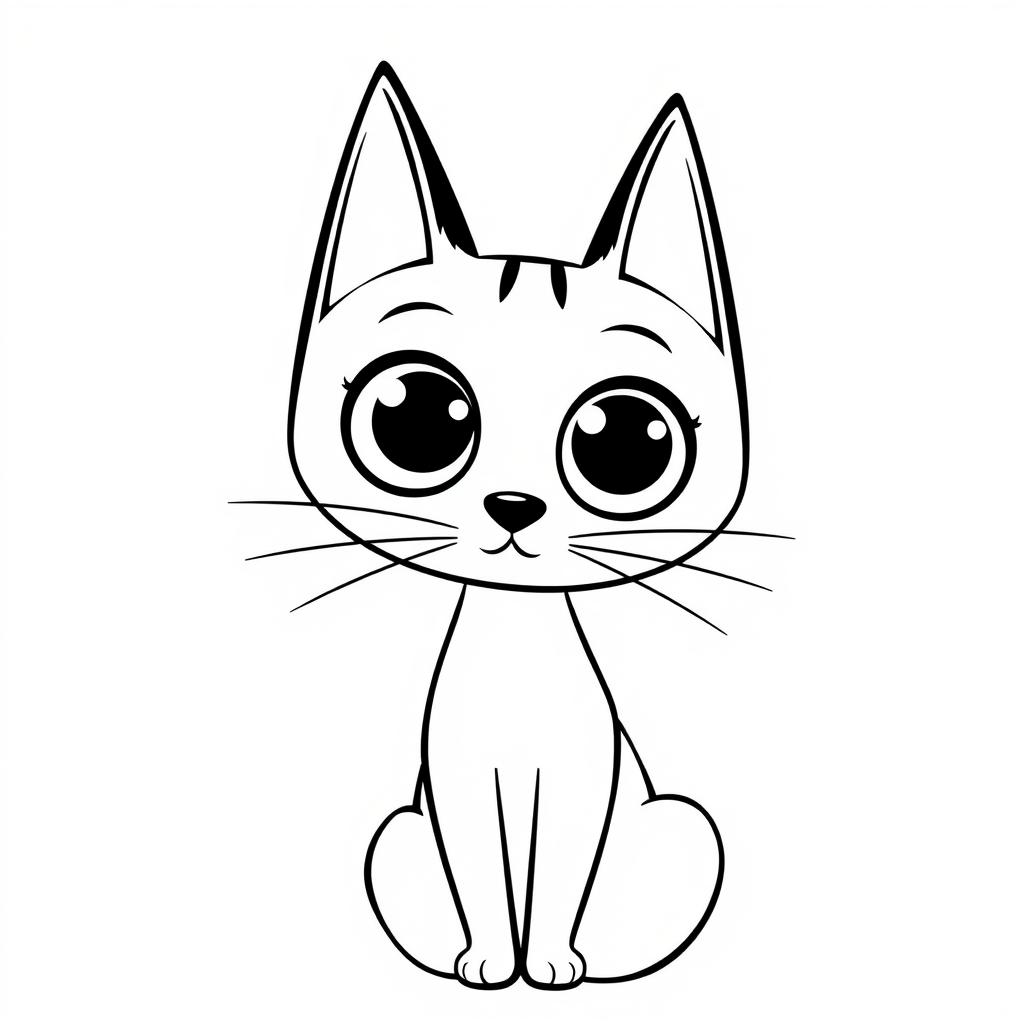 Create a black and white minimalist illustration of a cat. The cat should have large, round eyes and a simplistic, cartoonish style. Its ears should be tall and pointed, and its whiskers should be simple lines extending from its face. The background should be plain white to emphasize the cat's silhouette.