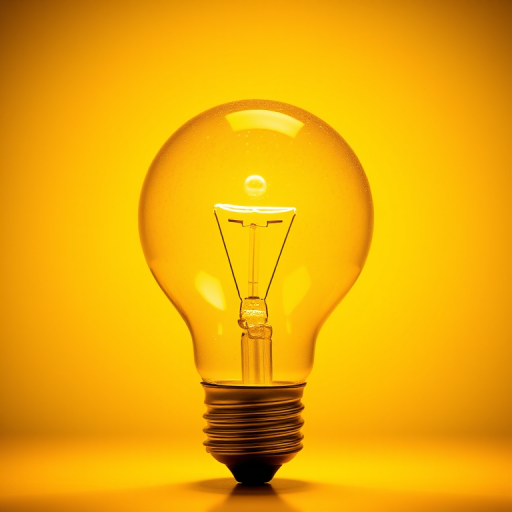 Create a high-resolution image of a bright yellow lightbulb with a shiny surface and glowing rays around it, using a Canon EOS R5 camera, 50mm lens, f/1.8 aperture, ISO 100, and a soft focus background for a professional quality look.