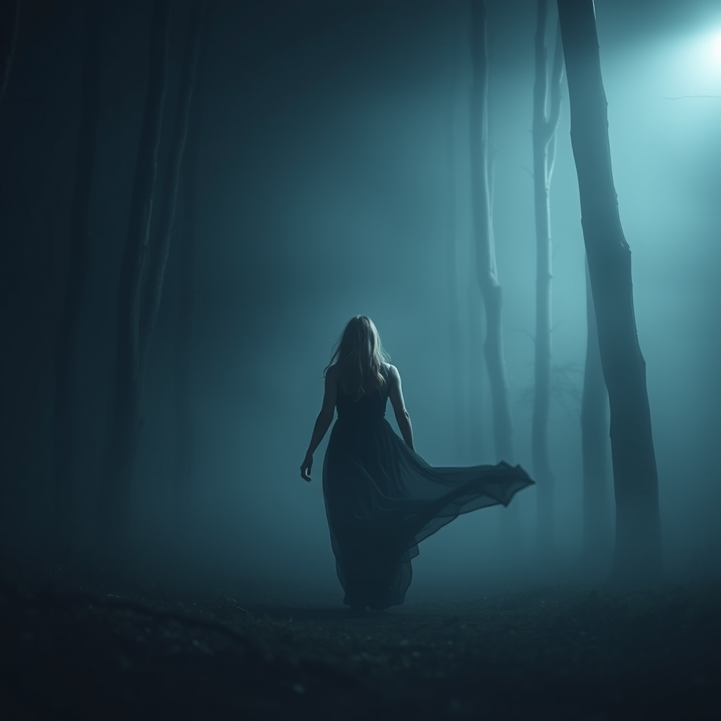 Capture a mysterious woman in a flowing black dress walking through a foggy forest at night, soft lighting with ethereal highlights, use a DSLR camera with a 50mm lens, aperture set to f/1.8 for a shallow depth of field, ISO 200, shutter speed 1/60 sec, low angle view to emphasize the figure against the fog.