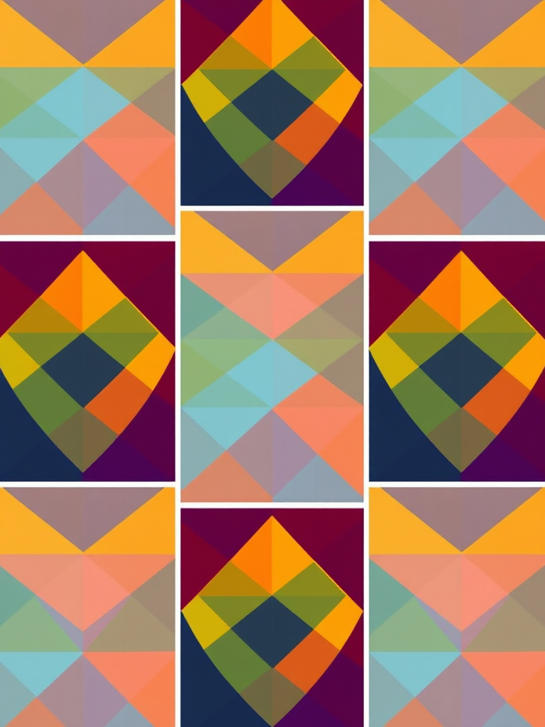 Create a vibrant geometric pattern featuring colorful overlapping triangles and rectangles in a grid layout with high contrast colors, using a DSLR camera at f/8, 1/125 sec shutter speed, ISO 200, shot from a straight-on view to enhance clarity and detail.