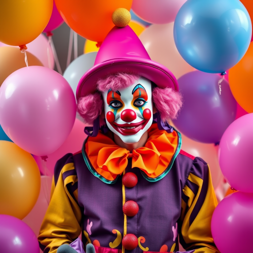 Generate an image of a whimsical character dressed in a colorful clown outfit surrounded by vibrant balloons, using a DSLR camera with a 50mm lens, aperture f/1.8, ISO 100, in soft natural lighting, capturing a front view with high saturation and sharp detail.