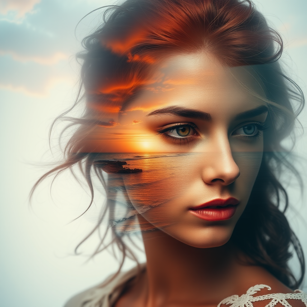 create Book cover, A surreal double exposure portrait that blends a woman's face with a beautiful seascape. The overall mood is dreamy and mystical, with rich colors and intricate details