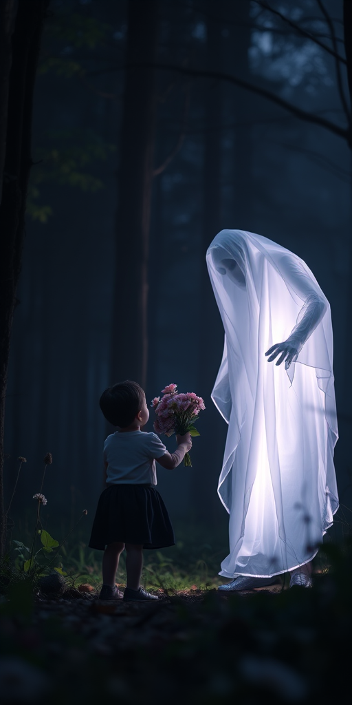 A serene scene in a mystical forest at night featuring a ghostly figure giving a child a bouquet of flowers, soft ethereal lighting, captured with a Canon EOS R5, 50mm lens, f/1.8 aperture, ISO 200, long exposure for dreamlike quality, low angle view to enhance the sense of wonder.