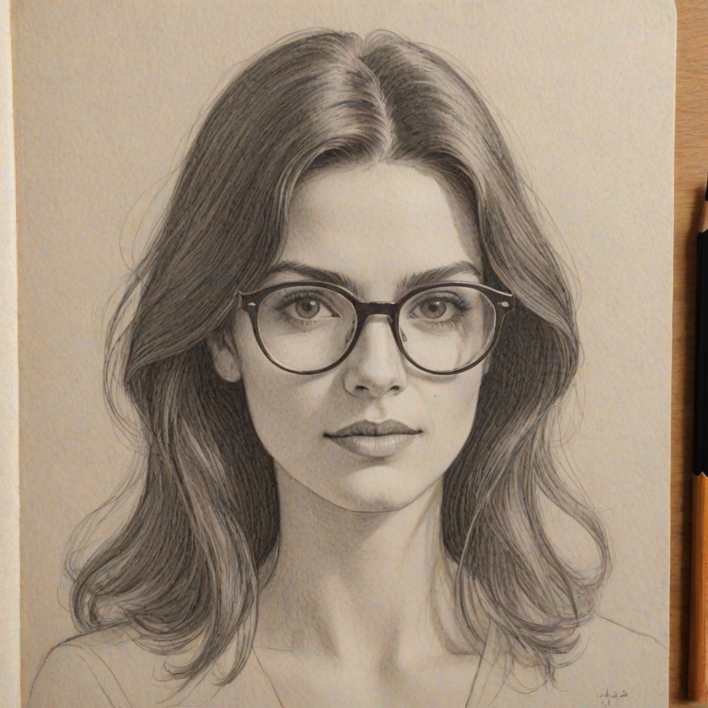 Appealing Monica Barbaro, pencil sketch, portrait of Bewitching woman 1976s in glasses, hair style beatnik, outline, clear lines, fine lines, 8k