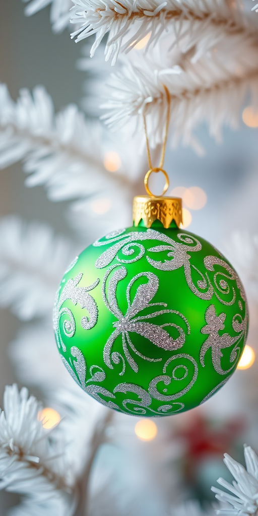 Generate an image of a close-up ornament hanging on a white Christmas tree. The ornament should be a vibrant green color with intricate swirling patterns and glitter accents. The background should be softly blurred, emphasizing the ornament and the bright white branches of the tree. Include soft, warm lights in the background to create a festive atmosphere.