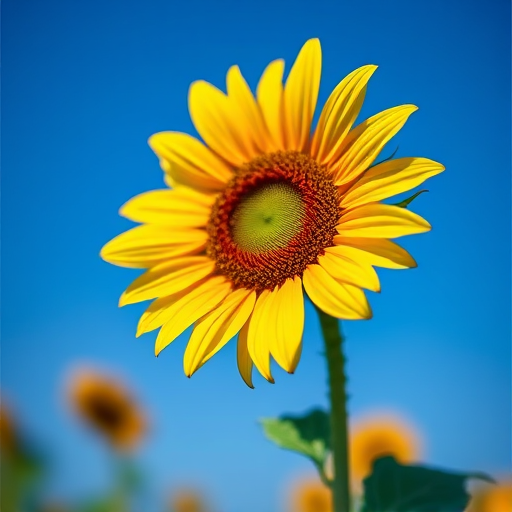 A close-up of a single, vibrant sunflower against a blue sky background, captured with a DSLR camera at f/5.6 aperture, ISO 100, 50mm lens, natural sunlight, and a shallow depth of field for a blurred background effect.