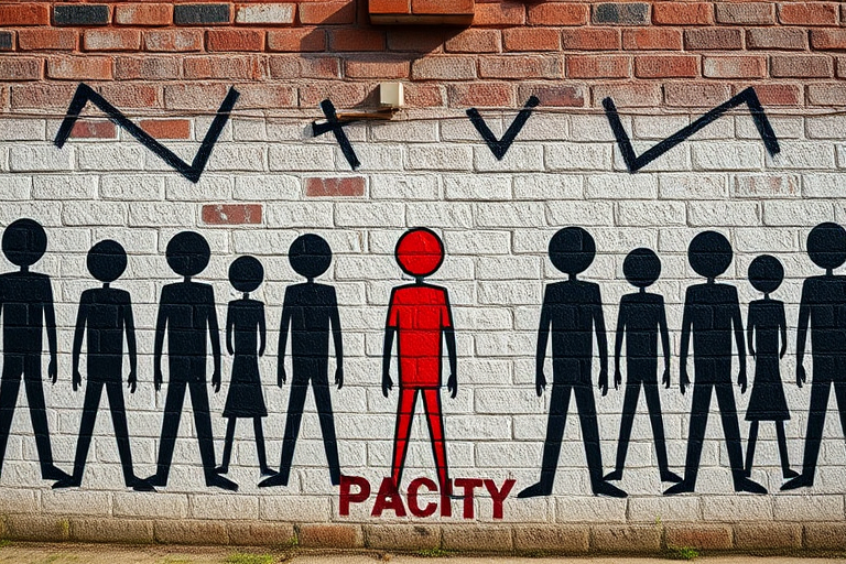 Create an image of a mural depicting stick figures on a textured brick wall, with one figure in red standing out among black figures, shot with a DSLR camera at f/4 aperture, ISO 200, 24mm lens, in soft natural light to enhance detail and color contrast.