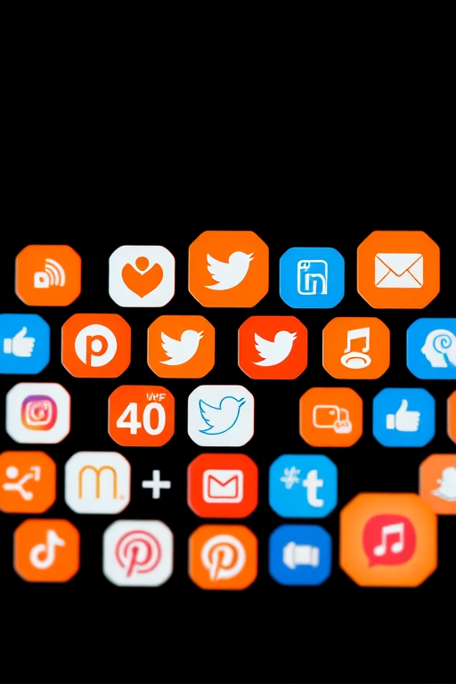 Create a high-resolution image of a grid of hexagonal icons representing various social media and web services, using a DSLR camera at f/8 aperture, ISO 100, 24mm focal length, top-down view with a shallow depth of field, and vibrant orange color scheme on a black background.