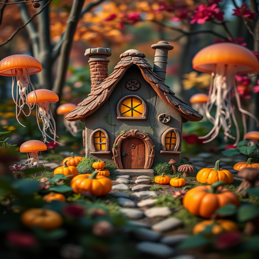 generate a whimsical fairy tale house surrounded by floating jellyfish and pumpkins in a vibrant forest setting, shot with a DSLR camera at f/2.8 aperture, ISO 100, 50mm lens, with a shallow depth of field and natural lighting to enhance colors and details.