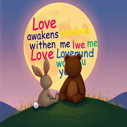 Create an illustration of two cartoon animals, a rabbit and a bear, sitting together on a hill looking at a large, colorful full moon filled with the words "Love awakens within me, Love around you" in various fonts and colors, captured with a DSLR camera, 50mm lens, f/2.8 aperture, ISO 100, at twilight for vibrant colors and soft focus.