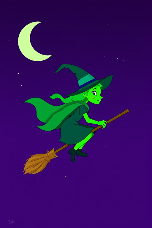 Create a cartoon-style image of a vibrant green witch flying on a broomstick against a purple night sky with a crescent moon, shot with a Canon EOS R5 at f/4, ISO 100, 1/200s, using a wide-angle lens for a whimsical effect.