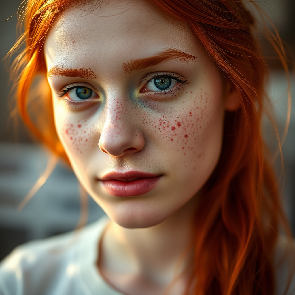 portrait of a young woman with vibrant red hair and freckles, soft natural lighting, close-up view, shallow depth of field, 50mm lens, f/1.8 aperture, ISO 200, warm tones, soft focus background, capturing serene expression
