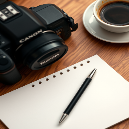 Create a flat lay image of a blank notepad and a pen on a wooden table with a cup of coffee, using a DSLR camera at f/2.8, 1/100s, ISO 200, with a shallow depth of field and natural light.