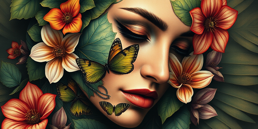 Hyper-realistic "Nature's Embrace" tattoo portrait incorporating lifelike fauna and flora seamlessly integrated with the subject's facial features creating a stunning fusion of human and natural elements