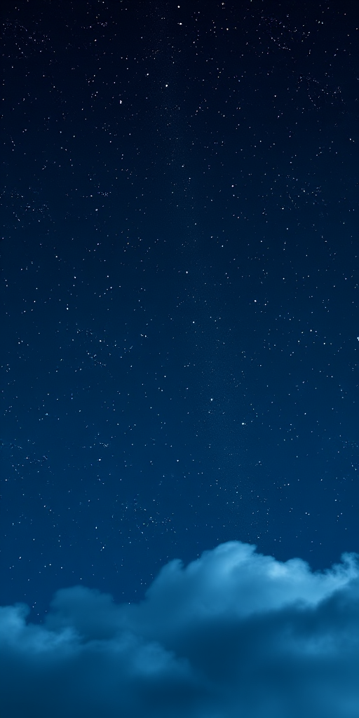 Create an image of a starry night sky filled with twinkling stars against a deep blue background. Include a soft, cloud-like texture in the lower part of the image to add depth.