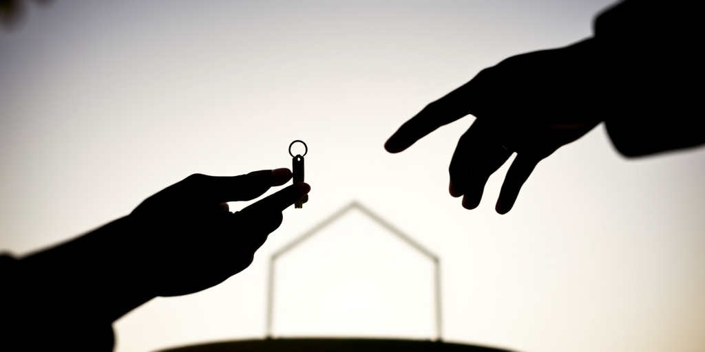 Create an image of two silhouetted hands, one holding keys and the other reaching out, with a simple house outline in the background, captured in high-resolution with a 50mm lens at f/2.8, using a low-angle perspective and a DSLR camera for enhanced clarity and detail.