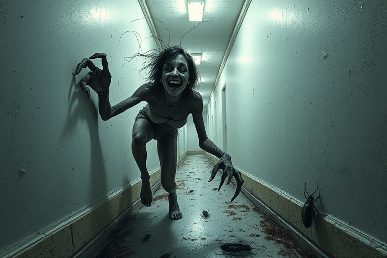 a crooked female with long arms and a creepy smile is crawling along a long white corridor and you can also see cockroaches in it there is a creepy atmosphere creepy art style