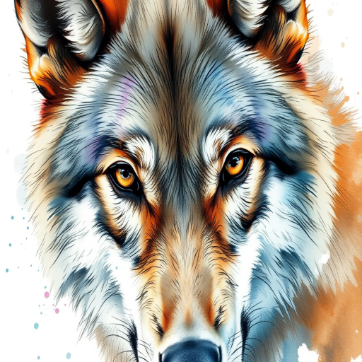 create a high-resolution watercolor sketch of a wolf with intricate details and soft splashes of color, using a Canon EOS R5 camera with an 85mm f/1.2 lens, aperture set to f/2.8, ISO 100, and a shutter speed of 1/125s, capturing a close-up view with an artistic focus on the wolf's expressive eyes and fur texture.