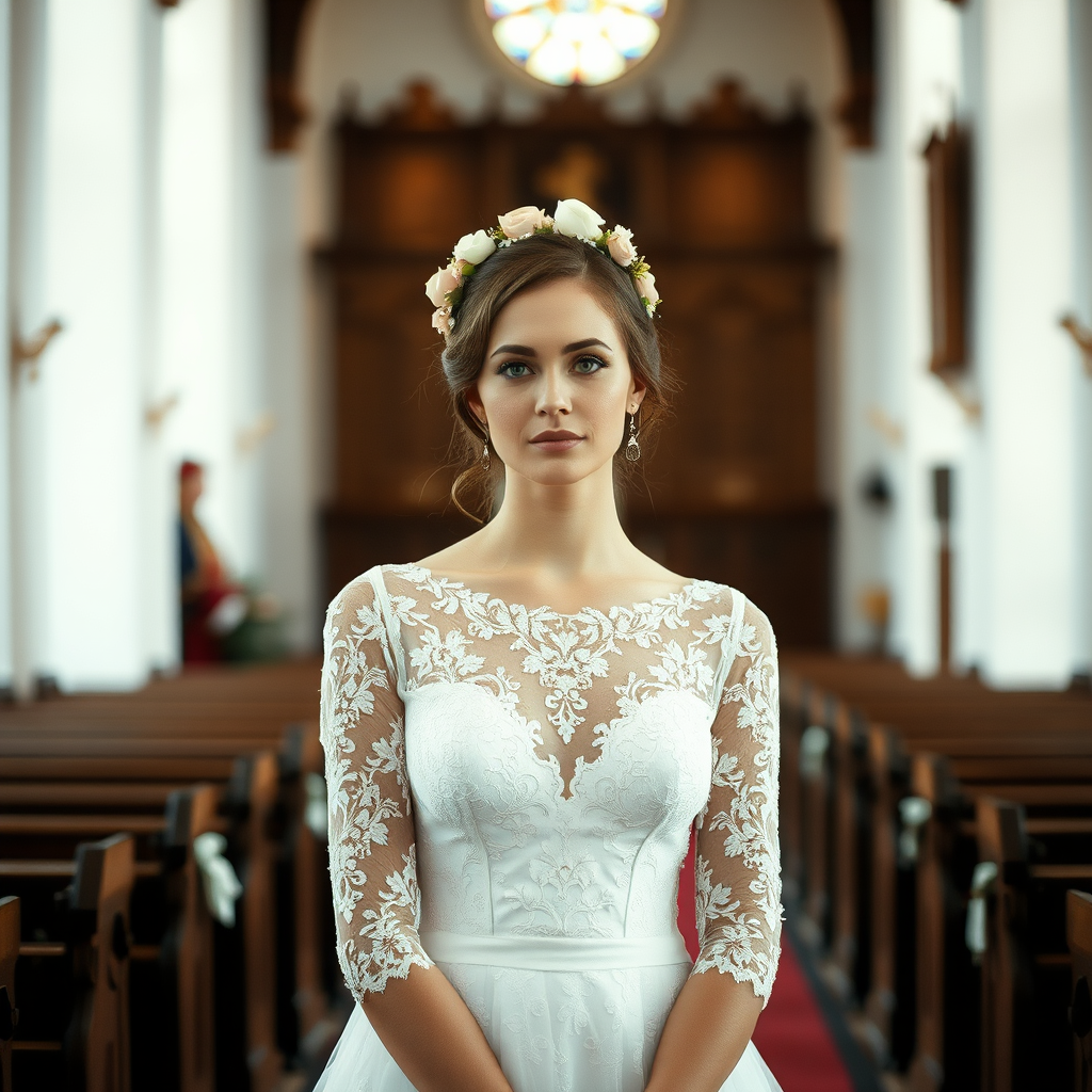 church scene, bridal model, delicate lace gown, floral headpiece, soft romantic focus, high-key lighting and an 85mm lens for soft, even tones that highlight the model’s face and bright outfit against a white or light background