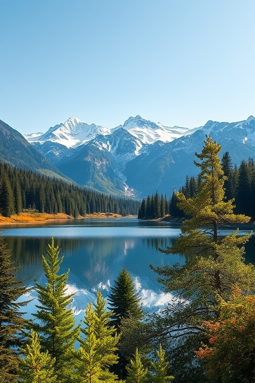 Regenerate a tranquil landscape featuring a serene lake surrounded by lush green trees and majestic snow-capped mountains in the background, captured with a Canon EOS R5, f/8 aperture, 1/200 sec shutter speed, ISO 100, 24mm focal length, wide-angle view, natural lighting for vibrant colors and enhanced detail.