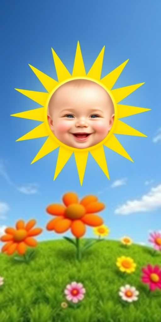 Create an image shows a bright, sun with a smiling baby's face in the center, radiating soft yellow rays. The sun is set against a clear blue sky with a few wispy clouds. Below, there's a lush green grassy hill with colorful, oversized flowers, giving the scene a whimsical, playful atmosphere.