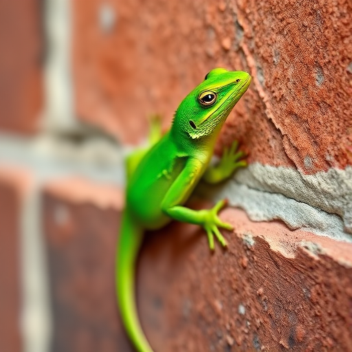 Capture a vibrant green anole lizard perched on a textured brick wall, with a shallow depth of field to blur the background, using a macro lens at f/2.8, ISO 200, shutter speed 1/250 sec, in natural light, taken with a DSLR camera.