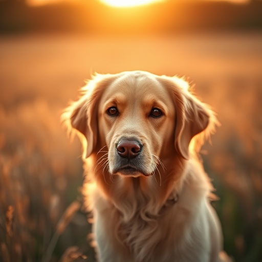 Golden retriever portrait in a sunlit field during golden hour, shallow depth of field, f/1.8, ISO 200, 50mm lens, soft focus, Canon DSLR, warm color tones.
