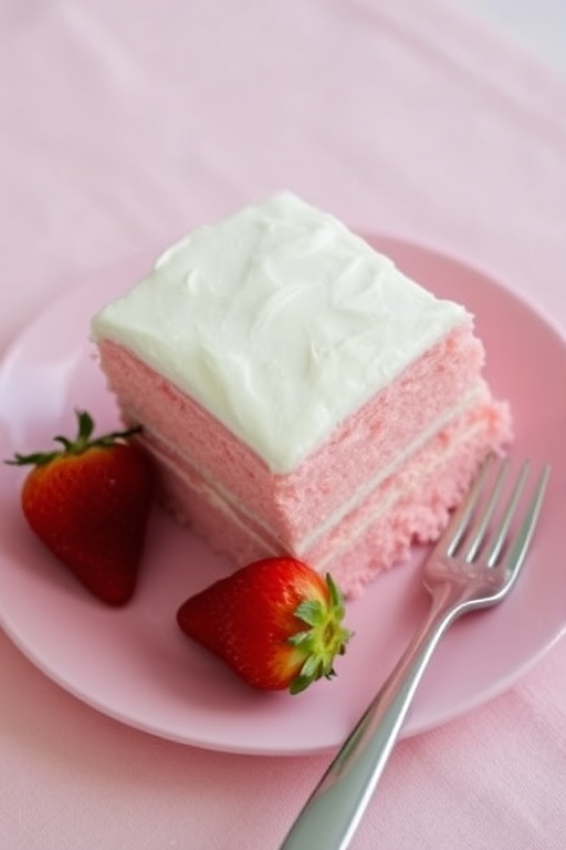 A slice of pink cake with white frosting on a pink plate, accompanied by a fresh strawberry, with a fork beside it, set on a light pink tablecloth.