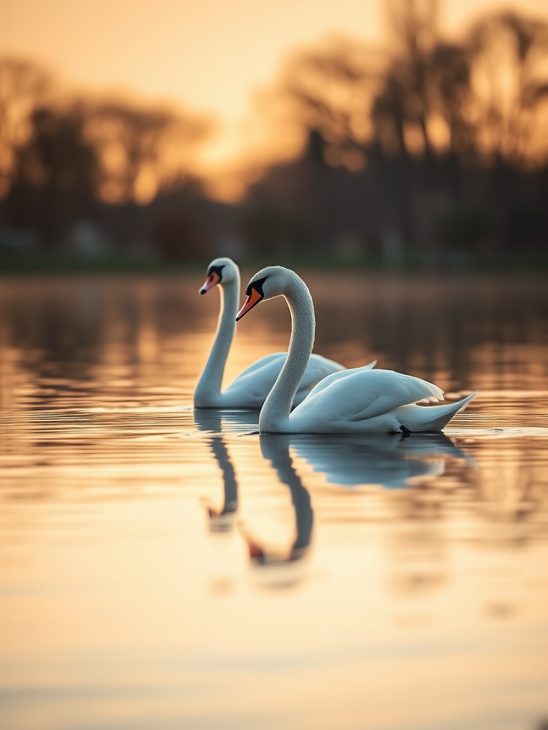 Create a serene image of two swans gracefully gliding on a calm lake at golden hour, using a DSLR camera with a 50mm lens, aperture set to f/1.8, ISO 100, shutter speed of 1/200s, focus on the swans with blurred background for depth.