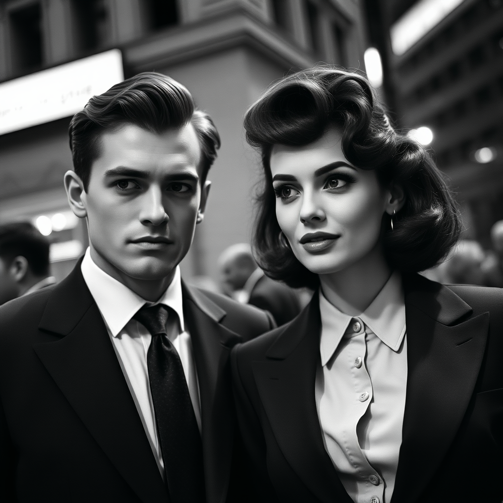 Black-and-white photograph, couple, tailored suits, retro hairstyles, film noir style, Tilt the camera for a dynamic Dutch angle using a versatile 24-70mm lens