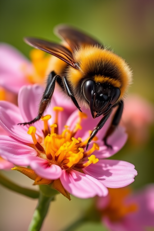 Close-up shot of a bumblebee on flowers, shallow depth of field, f/2.8 aperture, 100mm macro lens, ISO 200, natural lighting, Nikon D850, vibrant colors and high detail.