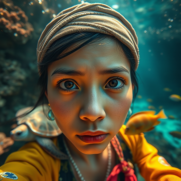 Realistic selfie image of a Burmese, wearing a vintage outfit, detailed dreamy eyes, droopy hooded eyes, staring at the camera, taken underwater at coral reef with a sunbeam filtering through the water, vibrant, summer vacation, natural lighting, turtle and school of tropical fish with vibrant colors, rendered in the style of CryEngine, Pegi Nicol MacLeod, with realistic genre scenes, hauntingly beautiful narratives, ultra-realism, and Thomas Saliot's close-up technique, 8K resolution, crystal clear and sparkling water.