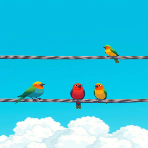 Generate a vibrant illustration of colorful cartoon birds sitting on power lines against a bright blue sky, with fluffy white clouds below, using a digital art style, captured as if taken with a Canon EOS R5, 50mm lens, aperture f/2.8, ISO 100, and a shallow depth of field for enhanced image quality.