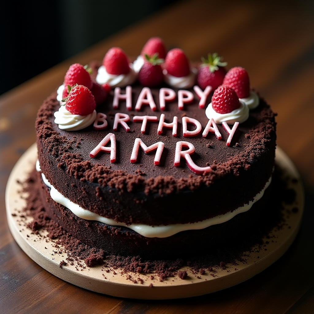 black forest gateau cake, spelling out the words "HAPPY BDAY AMR", tasty, food photography, dynamic shot