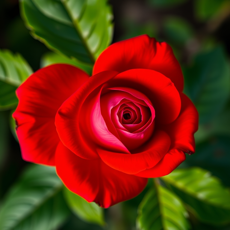 Generate a high-resolution image of a red rose with vibrant petals and green leaves, using a macro lens, f/2.8 aperture, 1/200 shutter speed, ISO 100, taken from a top-down view with natural soft lighting for enhanced detail and color contrast.
