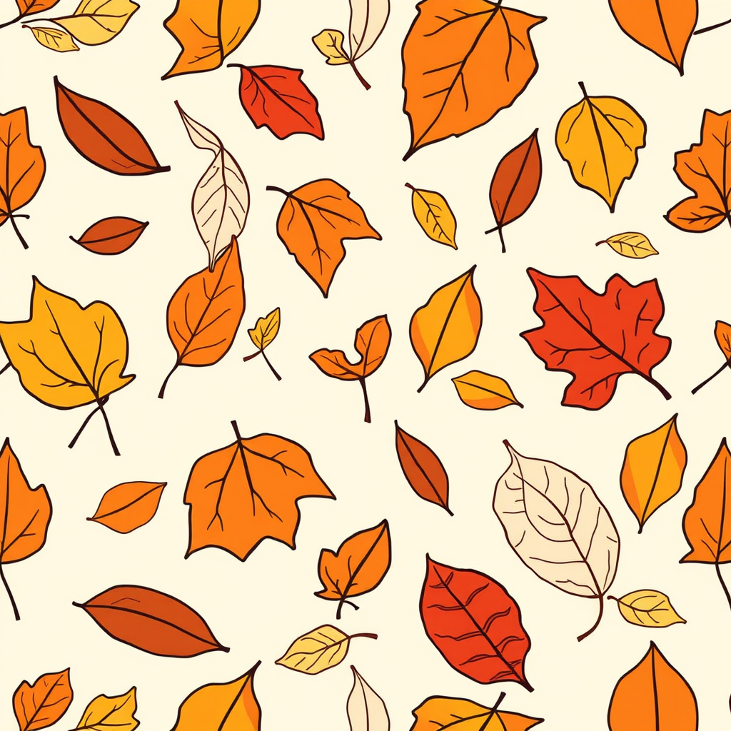 Create a seamless pattern of various leaves in warm autumn colors like orange, red, and yellow against a soft beige background, with different leaf shapes and some outlined styles.