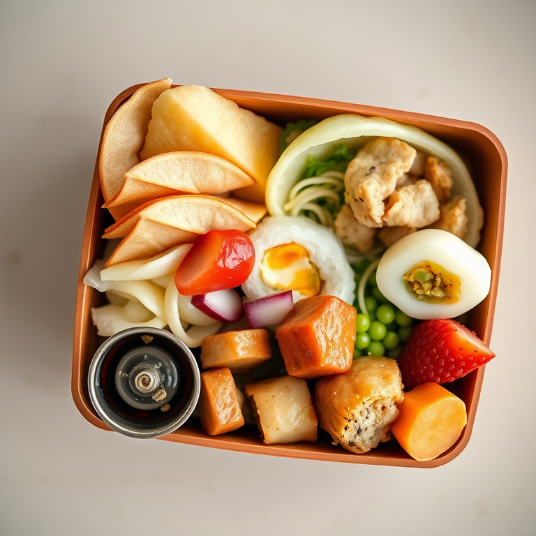 high-quality food photography of a bento box with assorted dishes, natural lighting, shallow depth of field, 50mm lens, f/1.8 aperture, ISO 200, top-down view, soft focus background, minimalistic style