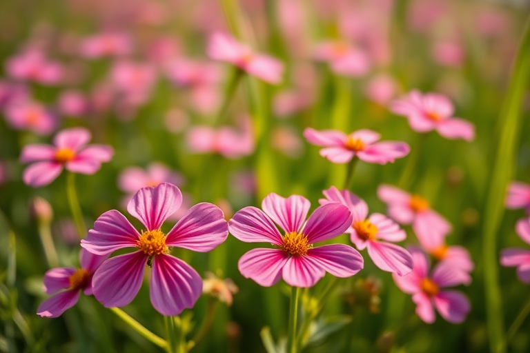 Regenerate a vibrant macro shot of pink flowers in a lush green field, using a Canon EOS 5D Mark IV with a 100mm f/2.8L macro lens, aperture set to f/4 for a shallow depth of field, ISO 200, and a shutter speed of 1/200s to capture fine details and vivid colors.
