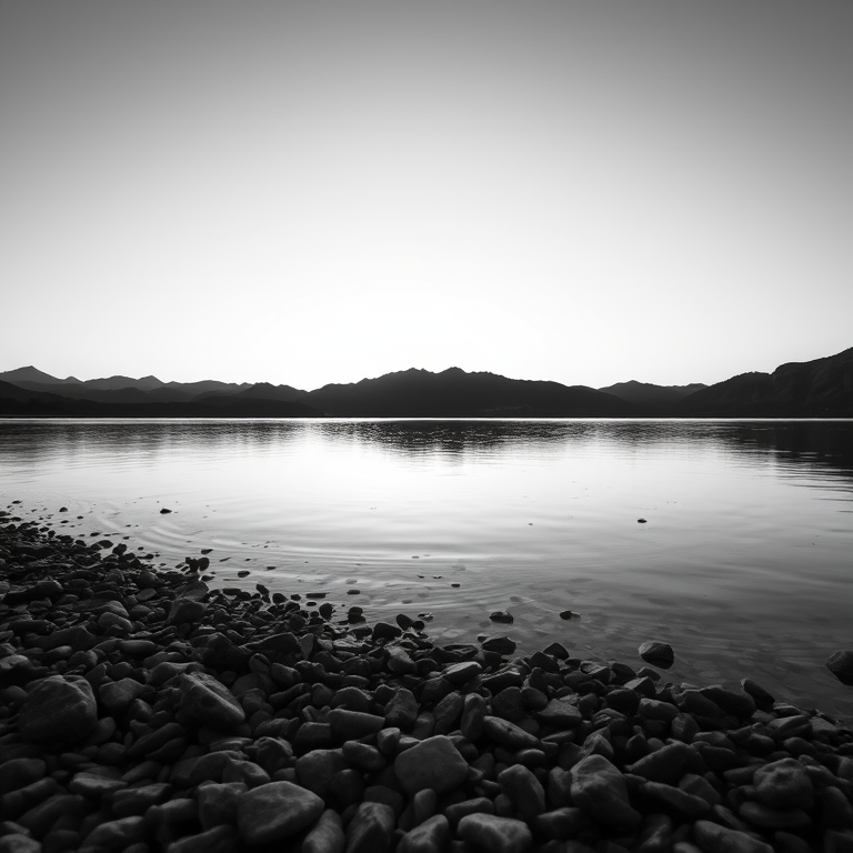 generate a serene black and white landscape image of a calm lake with pebbles in the foreground and mountains in the background at sunrise, using a Canon EOS R5 camera, 24mm lens, f/8 aperture, 1/125 sec shutter speed, ISO 100, natural lighting with a soft focus effect.