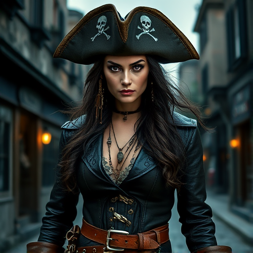 Create a portrait of a fierce female pirate. She wears a leather tricorn hat adorned with a skull and crossbones emblem, and her long, dark hair flows around her face. Her outfit consists of a richly detailed leather jacket, a corset, and multiple layers of belts and accessories, giving her a formidable and stylish appearance. She stands confidently in a dimly lit, historic port town, with a backdrop of weathered buildings and cobblestone streets, capturing the adventurous spirit of a pirate.