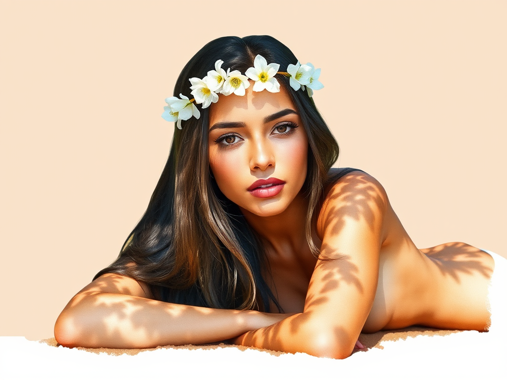 create a watercolor painting of an ethereal portrait of beautiful Guarani woman with a simple white flower crown on her head. Her hair is long and she is lying on the ground. The sunlight on the trees casts shadows from the leaves on her face and body. The background is a neutral brown color that matches her skin tone. The image is minimalist and solid colors. This style is characterized by soft, delicate brushstrokes and a light, airy, contrasting color palette. High level of detail and play of light