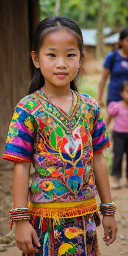 A beautiful Lao girl, wearing colorful bird clothing with vibrant colors